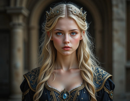 Beautiful blonde girl in medieval dress with a crown on her headの素材