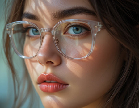 Close up portrait of a beautiful young woman in eyeglasses.の素材