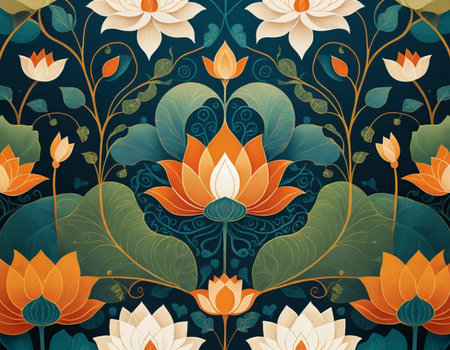 Seamless pattern with lotus flowers and leaves. Vector illustration.の素材