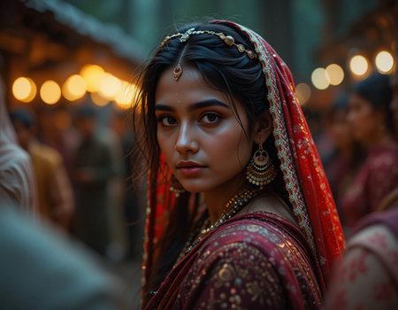 Beautiful Indian woman in saree and headscarf at nightの素材