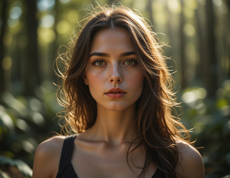 Portrait of a beautiful young woman with long brown hair in the forestの素材