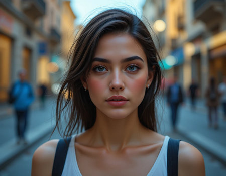 Portrait of a beautiful young brunette woman in the city.の素材