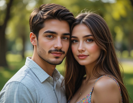 Close-up portrait of a beautiful young couple posing in the parkの素材