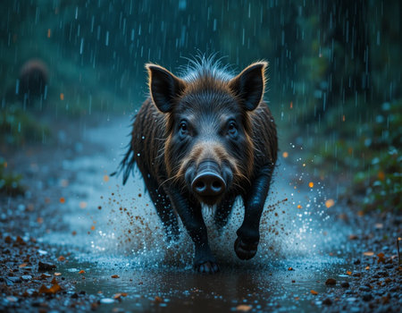 Wild boar running in the rain. Wild boar in the forest.の素材