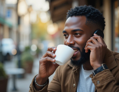 Handsome african american man drinking coffee and talking on mobile phoneの素材