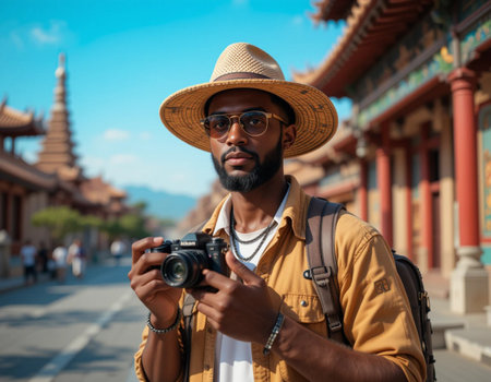 Hipster traveler with camera in Asia. Portrait of handsome young man in hat and sunglasses with backpack and camera in his hand.の素材