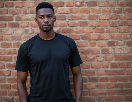 Portrait of young African American man in black t-shirt against brick wallの素材