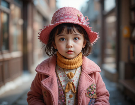 Portrait of a cute little girl in a pink hat on the streetの素材
