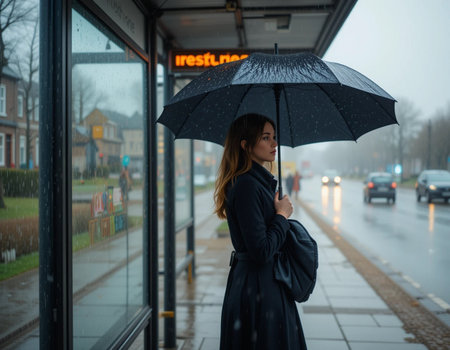 Beautiful girl with umbrella at the bus stop. Rainy day.の素材