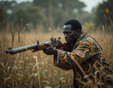 Young African man with a gun in the field at sunset.の素材