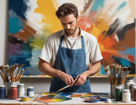 Young male artist in apron working with watercolor paints in studioの素材