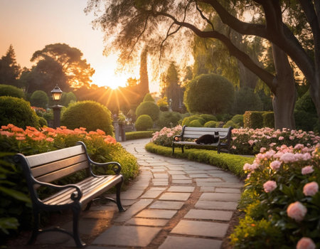 Bench in the park at sunset. Beautiful summer landscape with trees and flowers.の素材