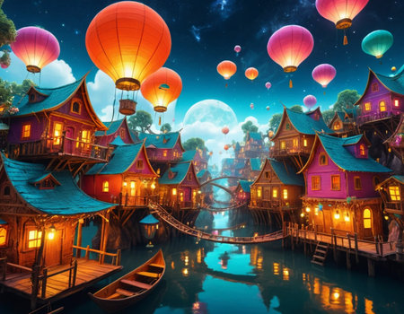 Magical fairy tale scene with old houses and colorful hot air balloons flying in the sky.の素材