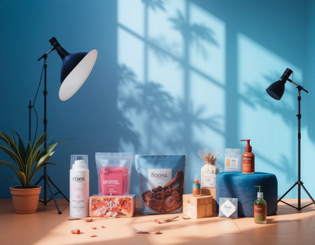cosmetic products in plastic bag on table in photo studio with lightingの素材