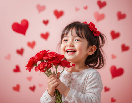 Happy asian little girl holding bouquet of red flowers over pink backgroundの素材