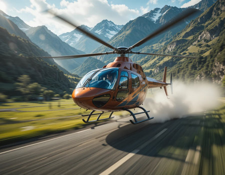 Helicopter on the road in the mountains. 3d renderingの素材