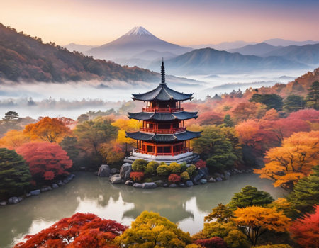 Beautiful landscape of mountain fuji with pagoda in autumn season Japanの素材