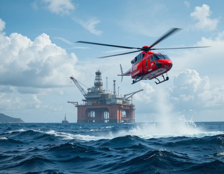 Helicopter flying in the sea with oil rig on background.の素材