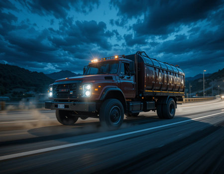 Truck on the road at night with motion blur and blue skyの素材