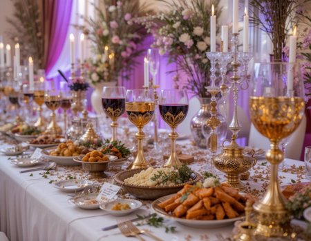 Wedding table with food and glasses of red wine in a restaurantの素材