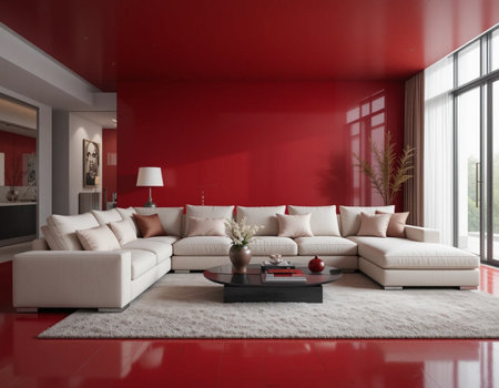 interior of modern bright living room with red walls, 3d rendered illustrationの素材
