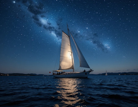 Sailing yacht in the sea at night with a starry skyの素材