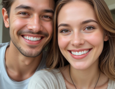 Close up portrait of a happy young couple looking at camera and smilingの素材