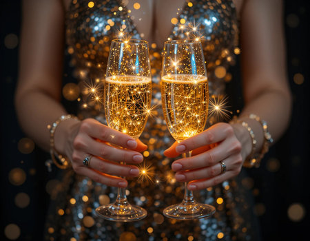 Close up of female hands holding two champagne glasses with sparkles.の素材