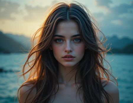 Portrait of beautiful young woman with long hair on the beach at sunsetの素材