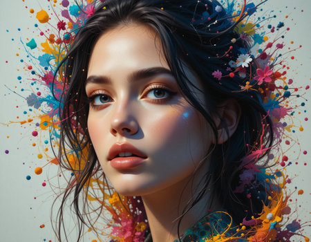 Fashion portrait of young beautiful woman with colorful flowers on her faceの素材