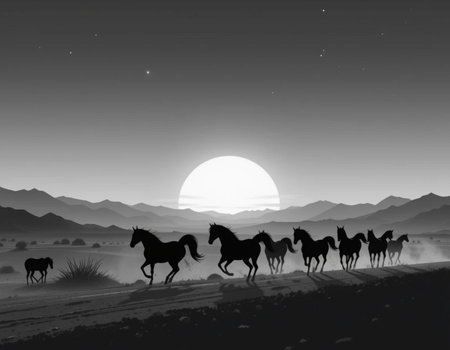 Horses in the desert at sunset, black and white illustration.の素材