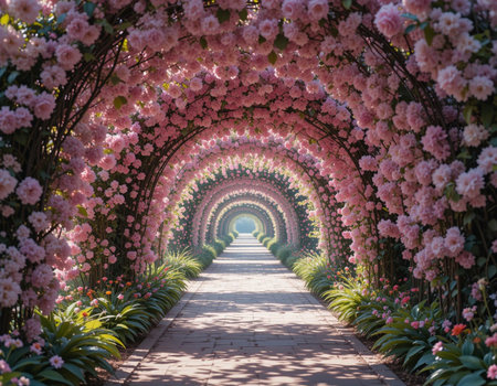The tunnel of pink flowers in the park. Beautiful spring background.の素材