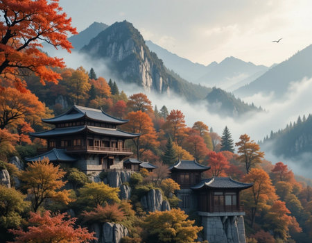 Autumn landscape with mountain and pagoda in Huangshan, Chinaの素材