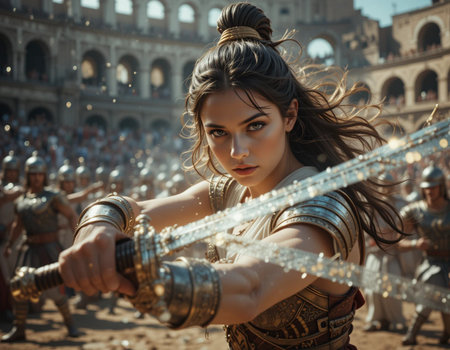 Portrait of a beautiful young woman with a sword in Rome.の素材