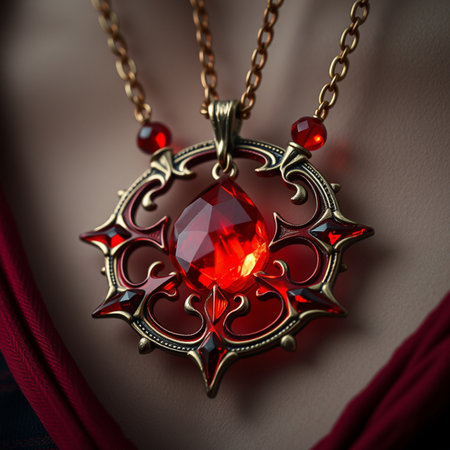 Red ruby in a pendant on the neck of a woman.の素材