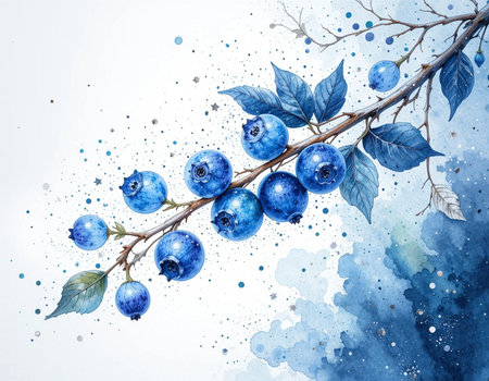 Blueberry branch with berries and leaves. Watercolor hand drawn illustrationの素材