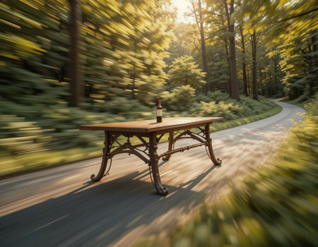 Wooden table and chair on the road in the park with motion blurの素材