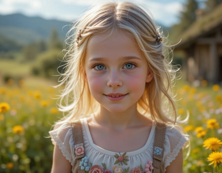 Portrait of a beautiful little girl in a field with yellow flowersの素材