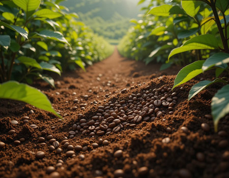 Coffee beans on the ground in the coffee plantation, stock photoの素材