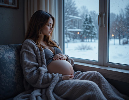 Beautiful pregnant woman sitting on the windowsill in the winter.の素材