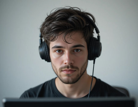 Portrait of young man with headphones in front of laptop computer.の素材