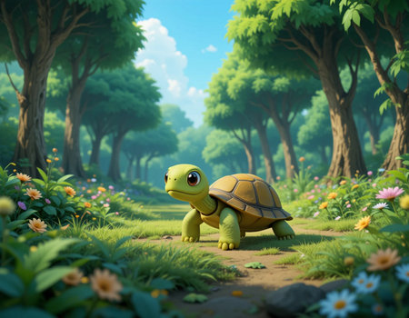 3d render of cute turtle walking in the garden, summer conceptの素材