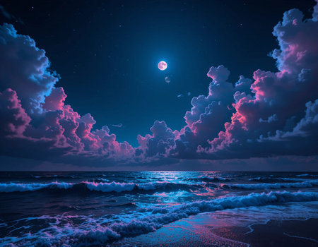 Night sky with stars and clouds over the sea. 3d renderingの素材