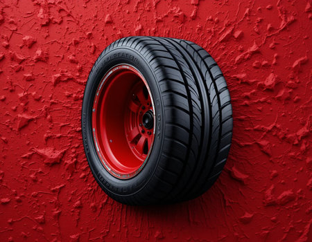 Car tires on a red background. 3d rendering, 3d illustration.の素材