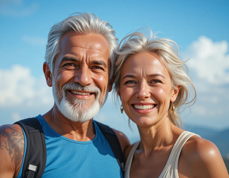 Portrait of smiling senior couple on top of mountain looking at cameraの素材