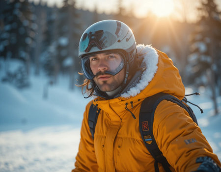 Portrait of a young man in a snowboard helmet and gogglesの素材