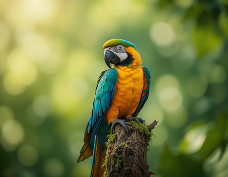 Beautiful macaw bird sitting on a branch in the forest.の素材