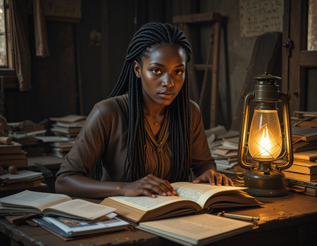 African american woman with braids studying at table in dark roomの素材