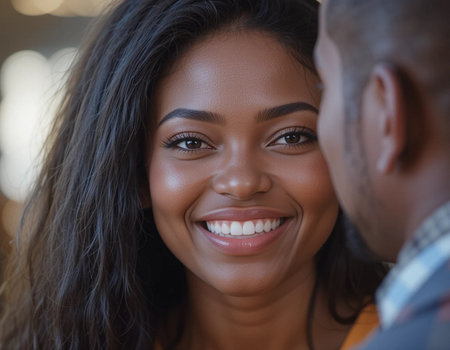 Close up portrait of a happy young African American couple looking at each otherの素材