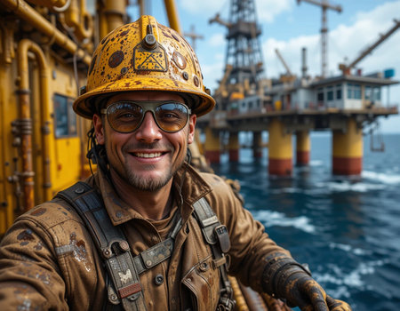 Portrait of a happy oilman in a hardhat and goggles standing in front of oil rigの素材